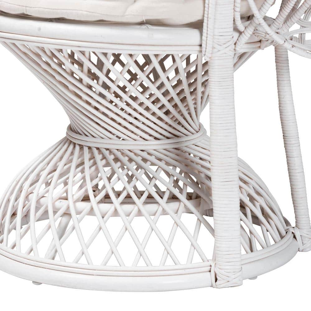 White Handcrafted Rattan Peacock Accent Chair with Upholstered Cushion