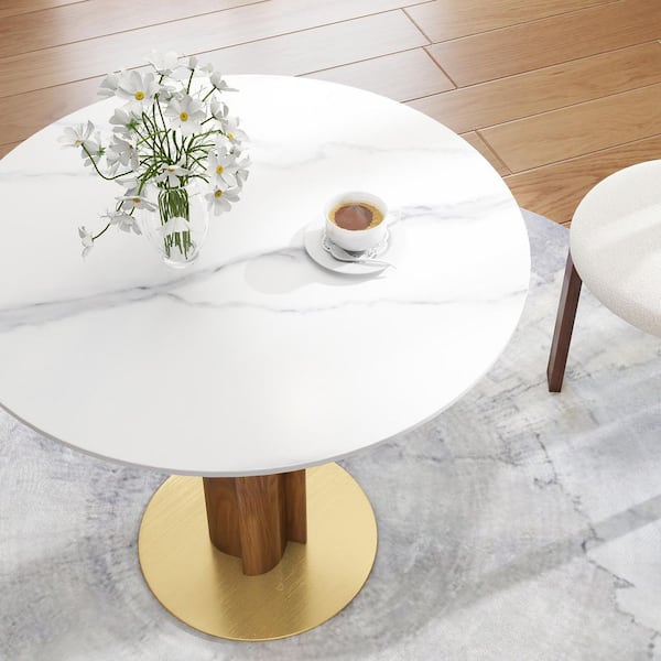 33 in. Modern Round White Sintered Stone Tabletop Dining Table with Solid Wood Pedestal (Seat 2)