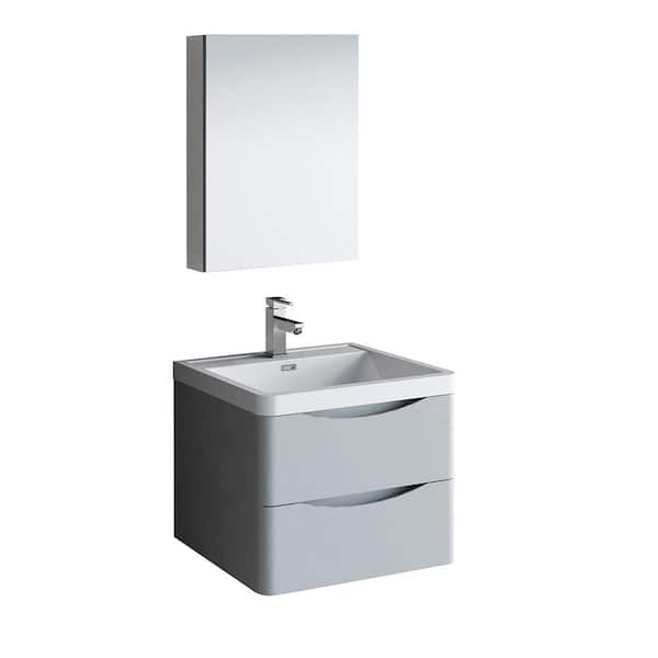 Fresca Tuscany 24 in. Modern Wall Hung Bath Vanity in Glossy Gray w/ Vanity Top in White w/ White Basin and Medicine Cabinet
