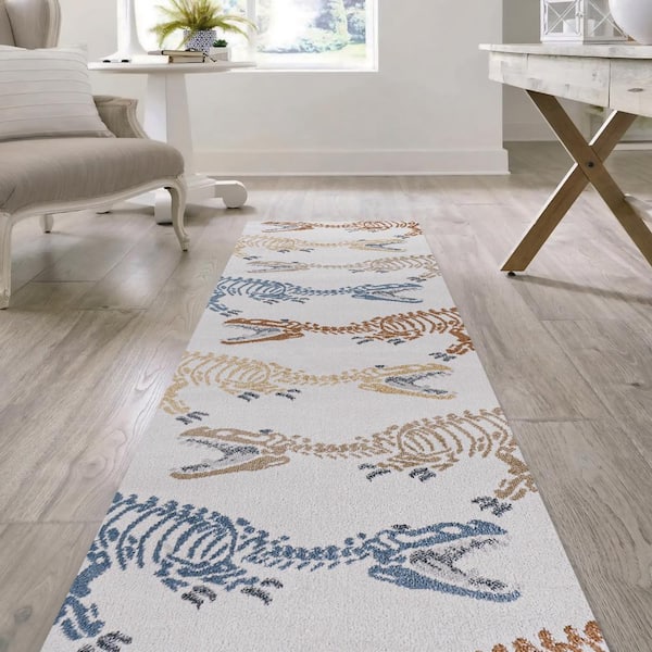 Cream/Multi 2 ft. x 8 ft. Kingdarr T-Rex Modern Kids Machine-Washable Runner Rug