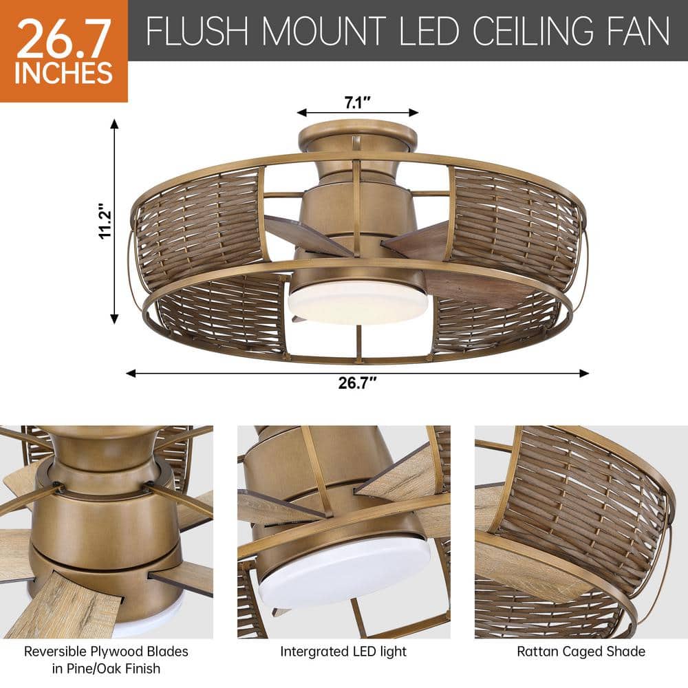 Natural Brass Rattan Flush Mount Ceiling Fan with LED Light and Remote