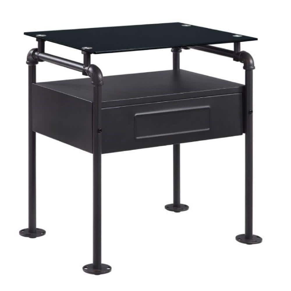 Benjara 17 in. Dark Gray Metal Nightstand Side Table with Tempered Glass BM275046 The Home Depot