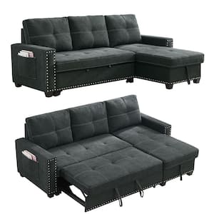 56 in W Square Arm 1-piece L Shaped Fabric Sectional Sofa in Black
