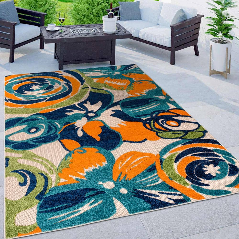 Modern Multi-Color Floral Synthetic Indoor/Outdoor Area Rug 8' x 10'