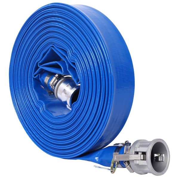 Blue 1.5 in. ID x 100 ft. Pool Backwash Hose, PVC Lay Flat Water Discharge Pump Hoses w/ Aluminum Camlock C & E Fittings