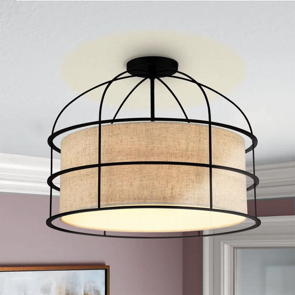 Gateway Park Coal Finish 5-Light Drum Pendant with Oatmeal Linen Shade