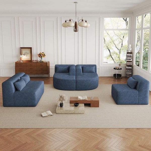 144 in. Upholstered Polyester Free-combined Sectional Sofa in Blue with 2-Chaise Lounge and 5-Back Pillows