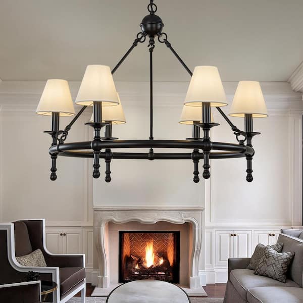 W34 in 6-Light Vintage Elegant Matte Black Chandelier Classic Lighting with White Fabric Lamp Shade for Dining Room