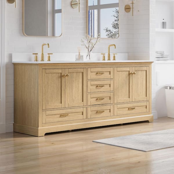 Fully Assembled 80 in. Solid Wood Freestanding Double Sink Oak Bath Vanity with Pure White Cultured Marble Top