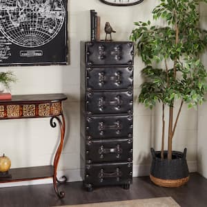 6 Drawer Brown Wood Vintage Faux Leather Chest with Rivets and Straps Detailing 50 in. X 16 in. X 12 in.