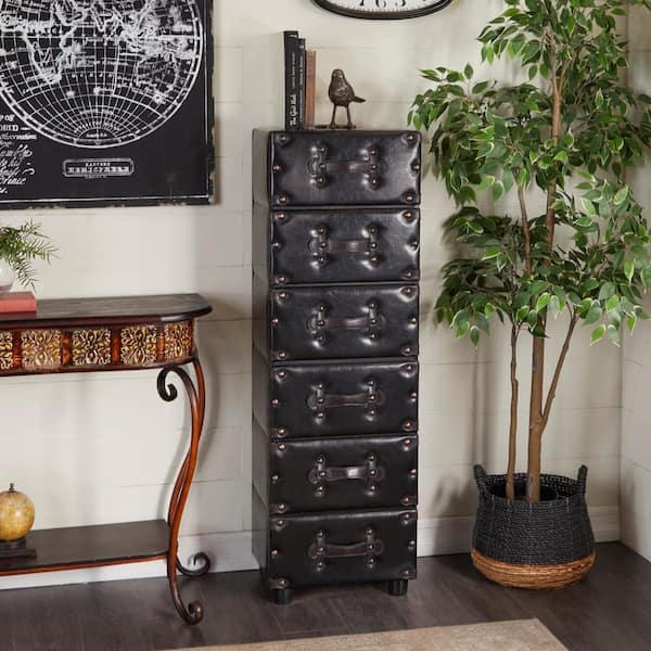 Litton Lane 6 Drawer Brown Wood Vintage Faux Leather Chest with Rivets and Straps Detailing 50 in. X 16 in. X 12 in.