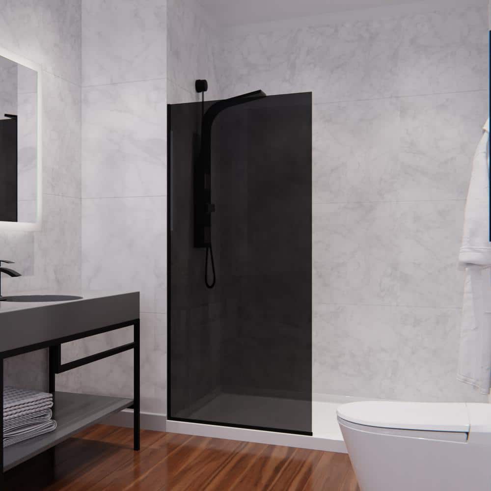 Veil Series 34 in. x 74 in. H Fixed Frameless Shower Door in Matte Black wi