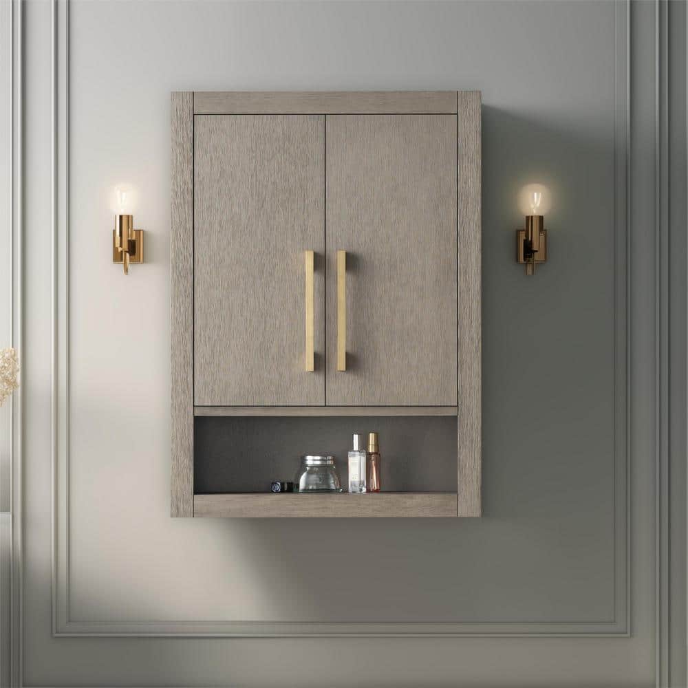Driftwood Gray Wall Mounted Bathroom Storage Cabinet with Golden Handles