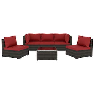 6-Piece Wicker Patio Conversation Sectional Seating Set with Coffee Table for Deck, Backyard, Lawn, Red