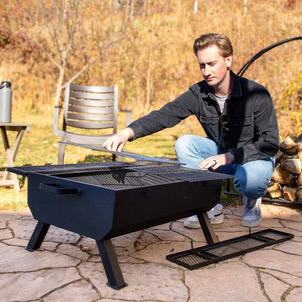 Black Steel Outdoor Fire Pit with Grill and Spark Screen
