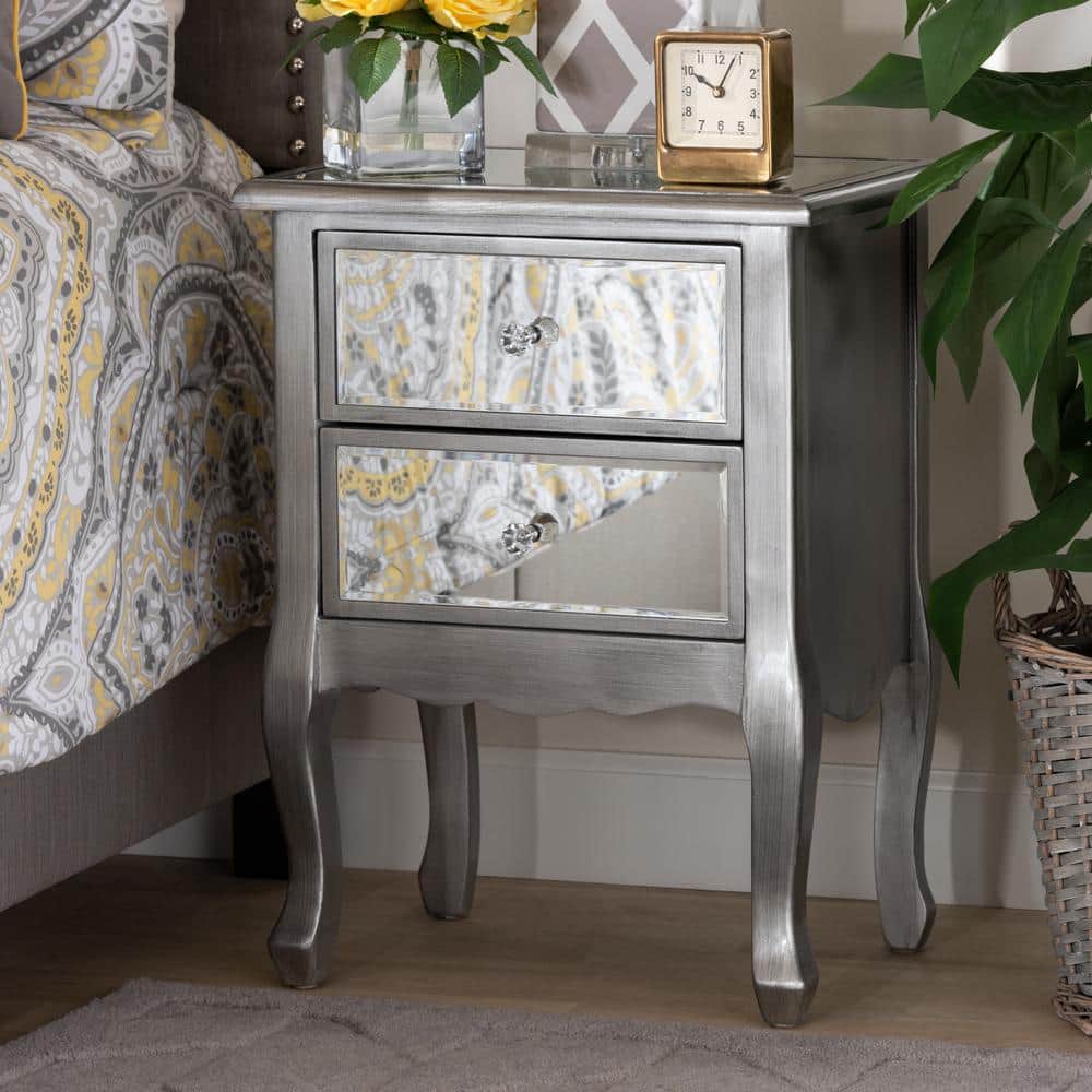 Elegant Mirrored 2-Drawer Nightstand with Crystal Knobs