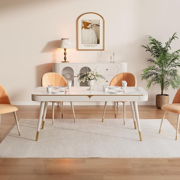 JASIWAY 63 in. Rectangle Beige Sintered Stone Top Dining Table with Solid Wood Legs (Seats 6)