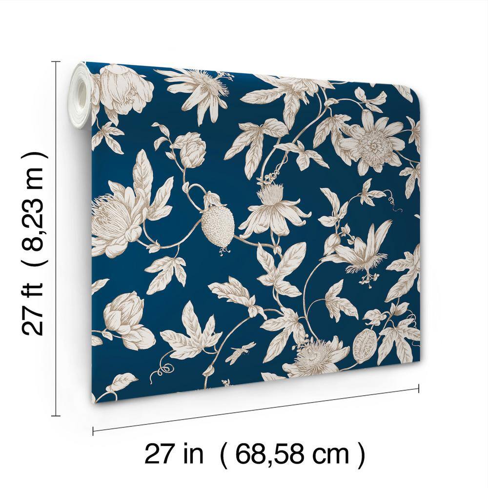 Navy Passion Flower Toile Non-pasted Wallpaper