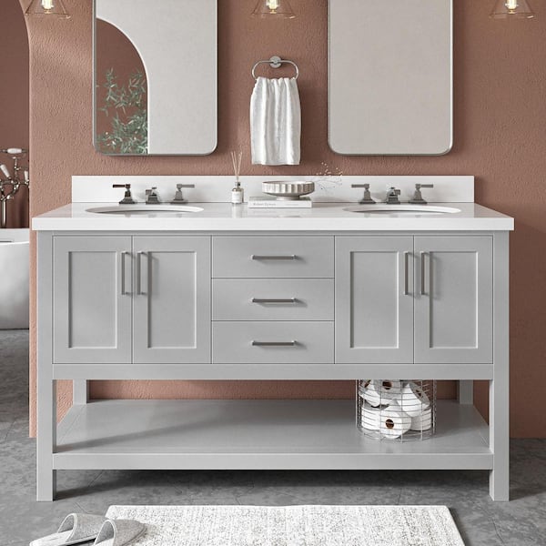 ARIEL Magnolia 60 in. W x 22 in. D x 36 in. H Bath Vanity in Gray with Pure Quartz Vanity Top in White with White Basins
