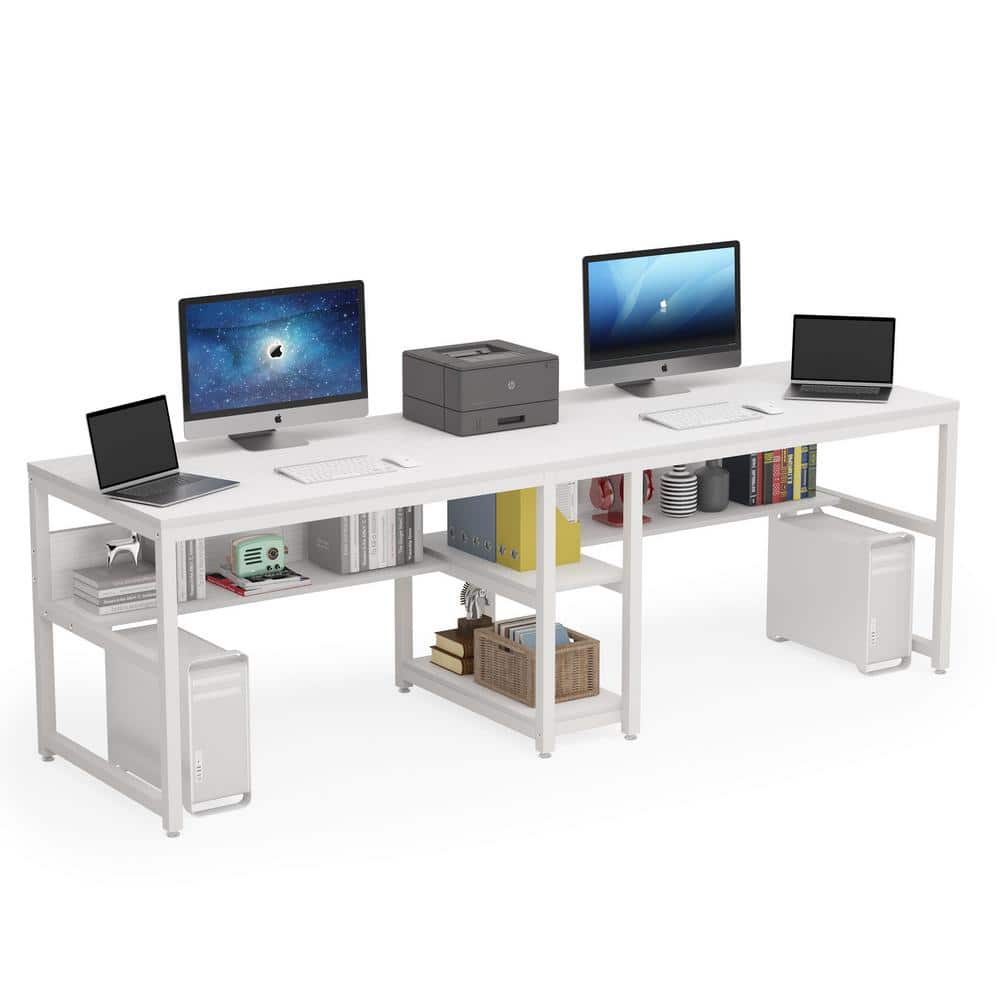 White Double Workstation Desk with Bookshelf and Storage Shelves