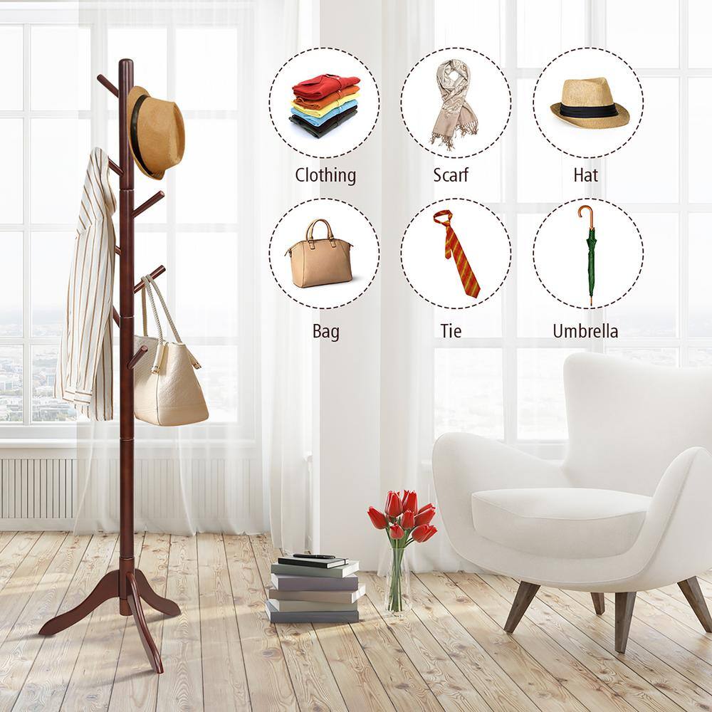 Adjustable Brown Rubber Wood Coat Rack with 8 Hooks