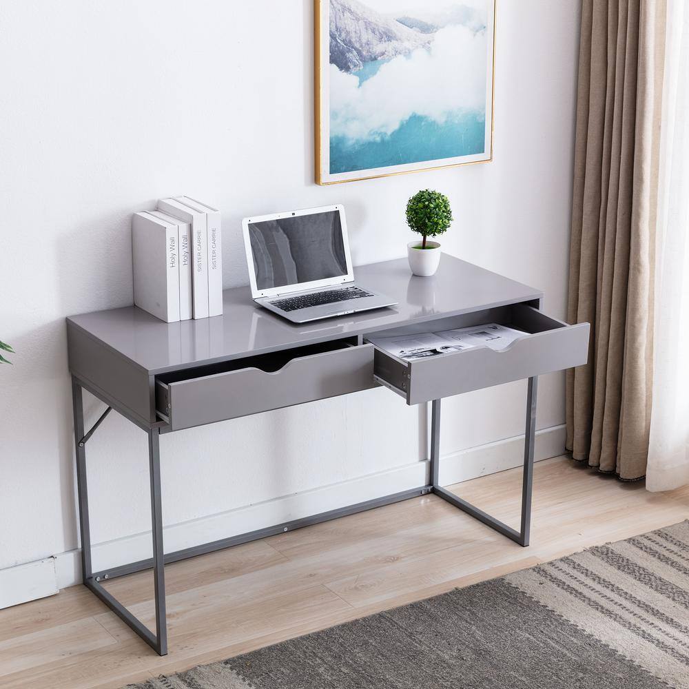 Contemporary Gray Wood Writing Desk with Drawer and Metal Base