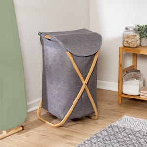 Gray and Bamboo Collapsible Canvas Hamper with Handles