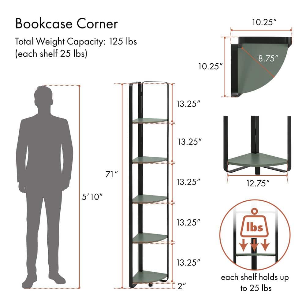 Naija Sage Green 71" Minimalist Corner Bookcase with Black Metal Frame