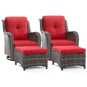 4-Piece Wicker Patio Outdoor Conversation Rocking Chair Set with Red Cushions
