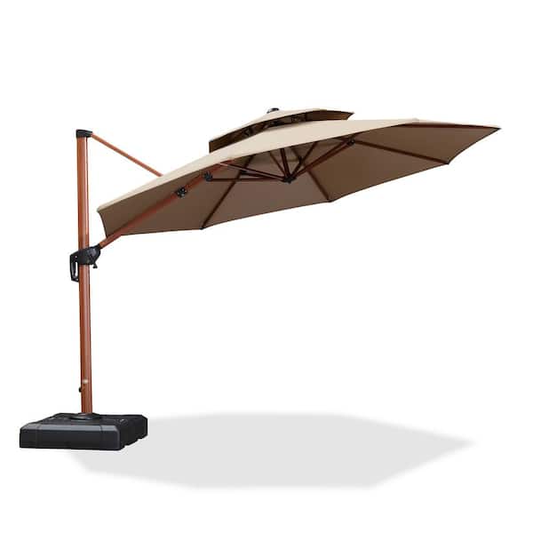 PURPLE LEAF 11 ft. Sunbrella Aluminum Octagon 360° Rotation Wood Pattern Cantilever Outdoor Patio Umbrella With Base Plate, Beige