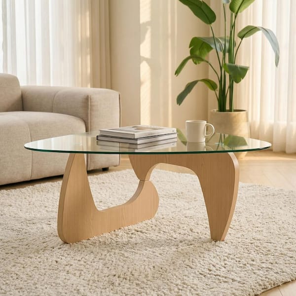 43.3 in. Clear Triangle Glass Coffee Table with Beige Legs for Living Room, Bedroom