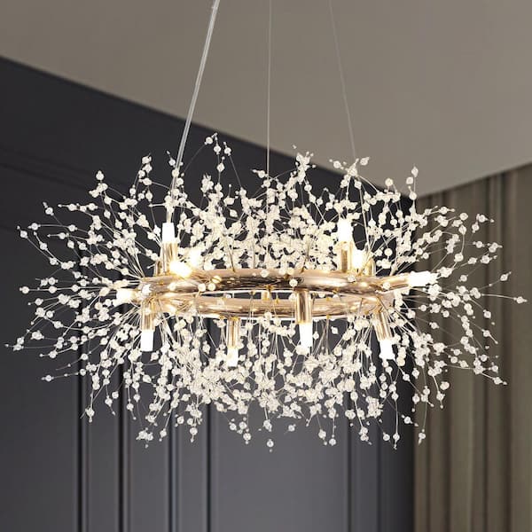 12-Light French Gold Modern Dandelion Crystal Chandelier for Dining Room and Living Room