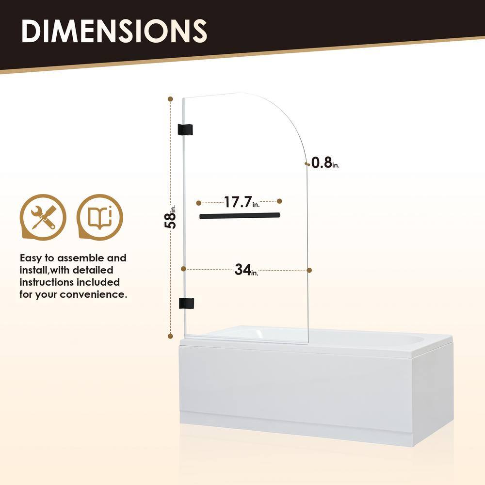 Alvise 34" W x 58" H Frameless Matte Black Tub Door with Clear Glass