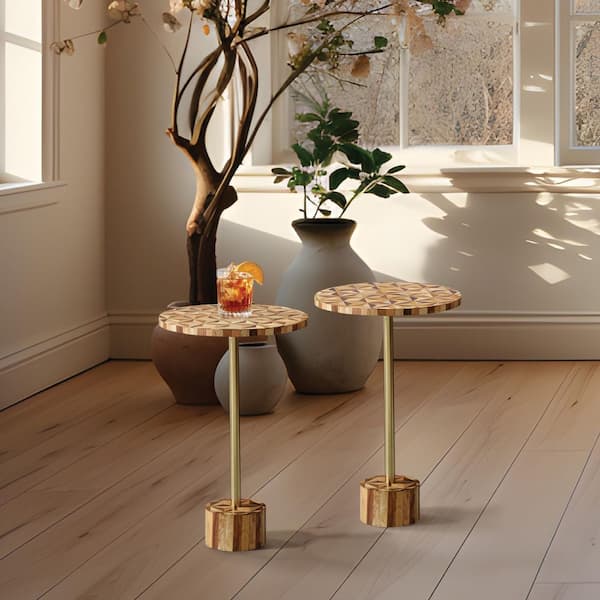 OSP Home Furnishings Mosaic 14 in. Natural Mosaic Top Round Wood Accent End Table, 2 pack