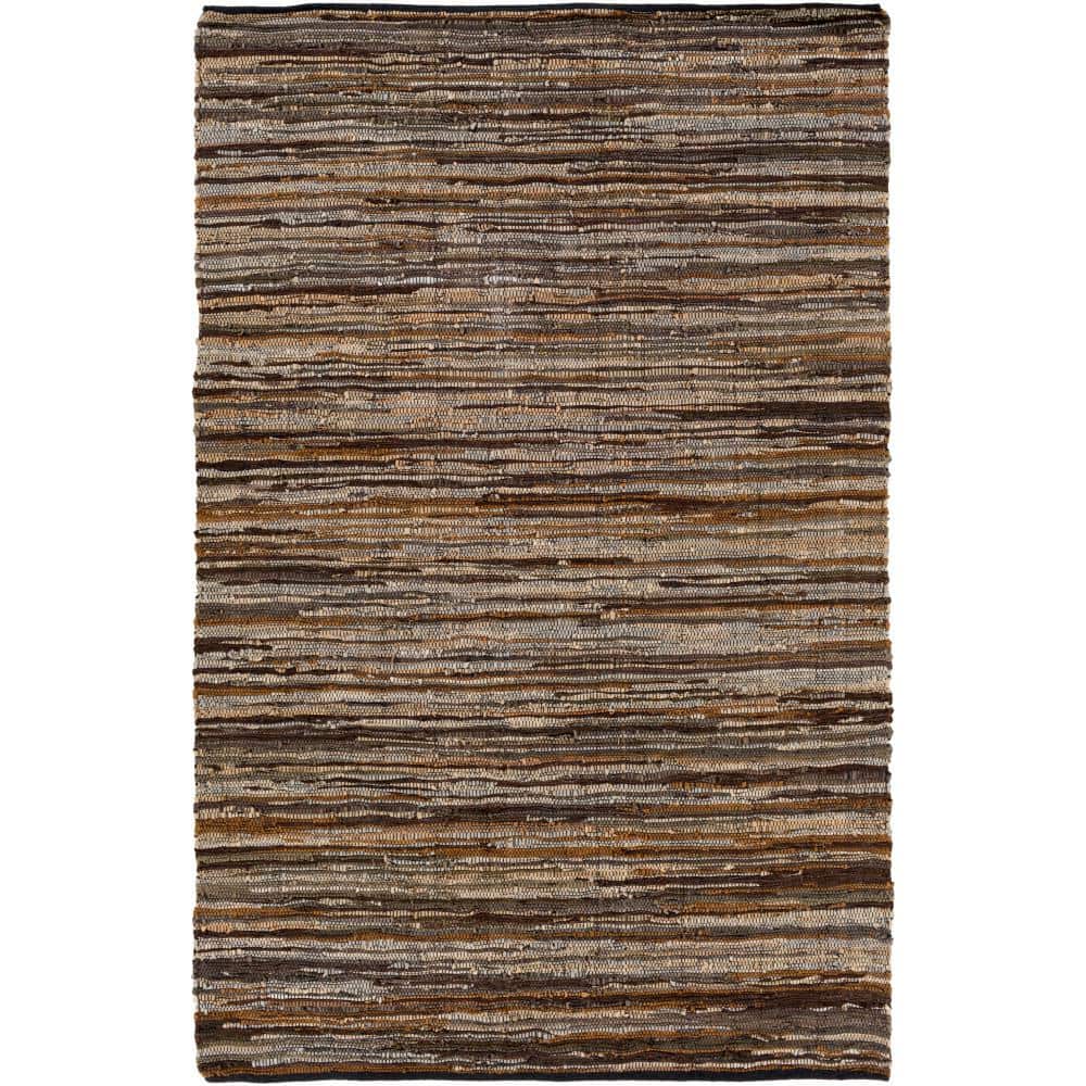 Rustic Dark Brown and Gray Leather Stripe 8' x 10' Area Rug