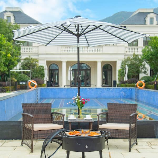 Marina Bronze/White Stripe 9 ft. Market Solar Powered LED Lighted Tilt Patio Crank Umbrella