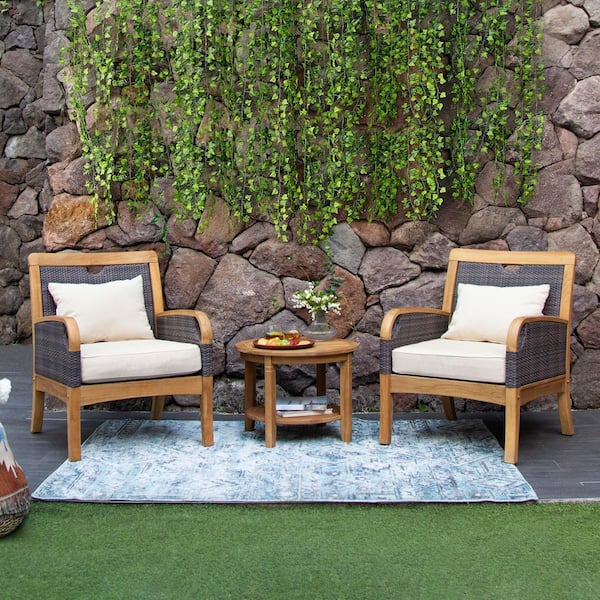 Cambridge Casual Palma 3-Piece Teak Wood Patio Conversation Set with Taupe Cushion Free Lumbar Pillow