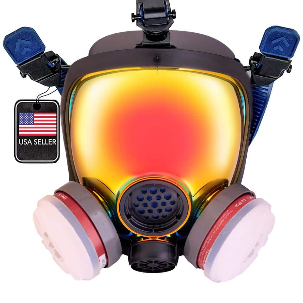 Parcil Safety PD-100 Inferno Red Mirrored Full Face Respirator and Gas Mask with 2 Threaded P-A-1 Organic Vapor Particulate Filters, Navy Blue & Red -  PD-100-OM