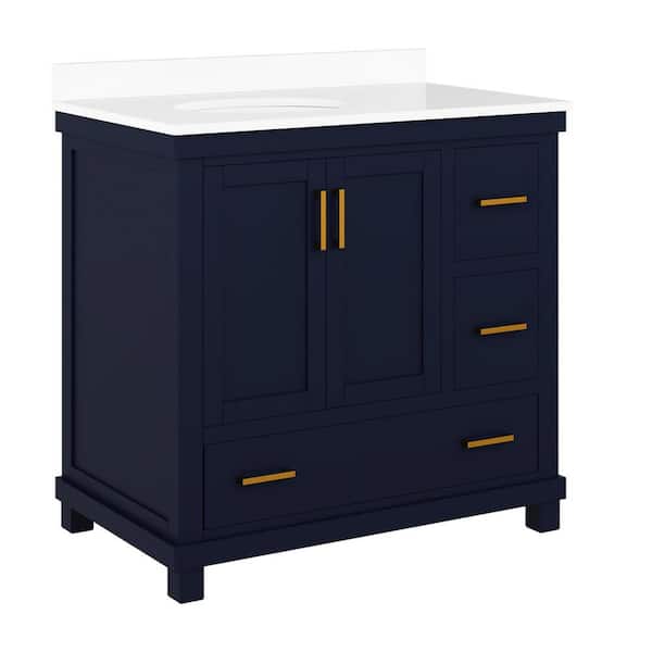 Dorel Living Rion 36 in. Navy Bathroom Vanity with White Composite Granite Vanity Top with Ceramic Oval Sink and Backsplash
