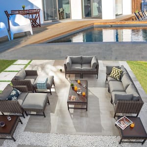 Right-Angle 12-Piece Wicker Patio Conversation Set with Gray Cushions