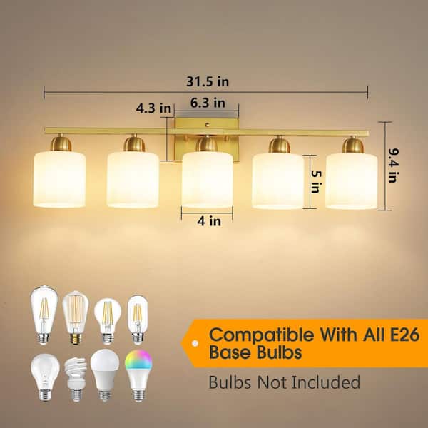 32 in. 5-Light Gold Modern Vanity Light Wall Lamp Sconce Over Mirror with Frosted Milky White Glass Shade