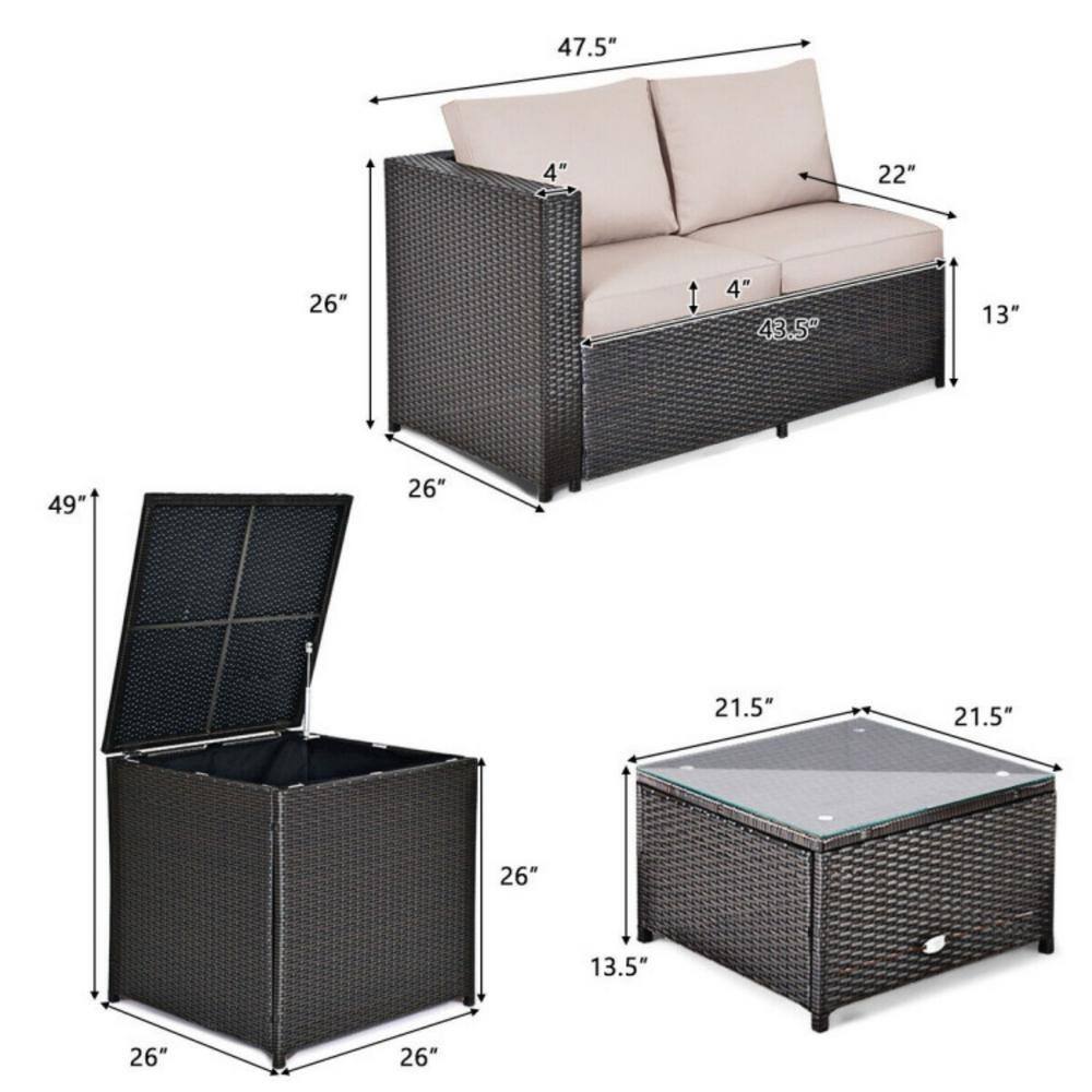 Brown 4-Piece Rattan Wicker Outdoor Patio Set with Cushions