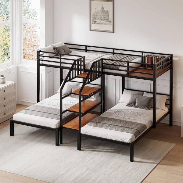 Black Twin Over Twin and Twin Size Metal Triple Bunk Bed with Built-in Shelf on Top Bed, Staircase/4-Tier Shelves