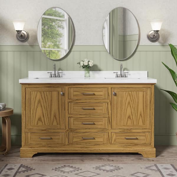 60 in. W x 21.7 in. D x 33.5 in. H Double Sink Freestanding Bath Vanity in Walnut with White Ceramic Top (Assembled)