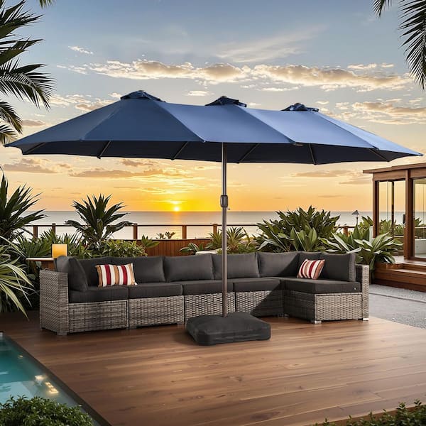15 ft. Rectangule Outdoor Double Sided Market Patio Umbrella in Dark Blue with Base for Poolside Lawn Backyard Garden