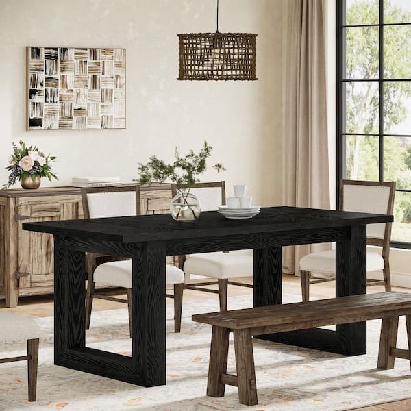 BYBLIGHT Roesler Black Wood 63 in. Sled Rectangle Dining Table, Farmhouse Rustic Dining Table for 6-8 (Only Table)