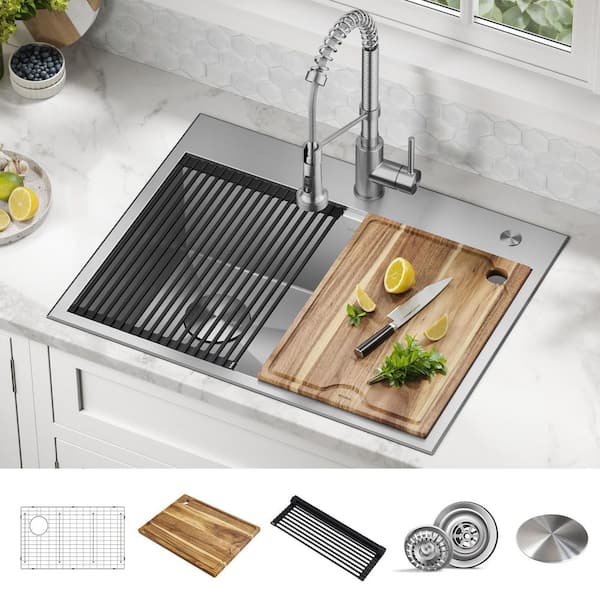Loften 28 in. Drop-In/Undermount Single Bowl 18 Gauge Stainless Steel Kitchen Workstation Sink with Accessories