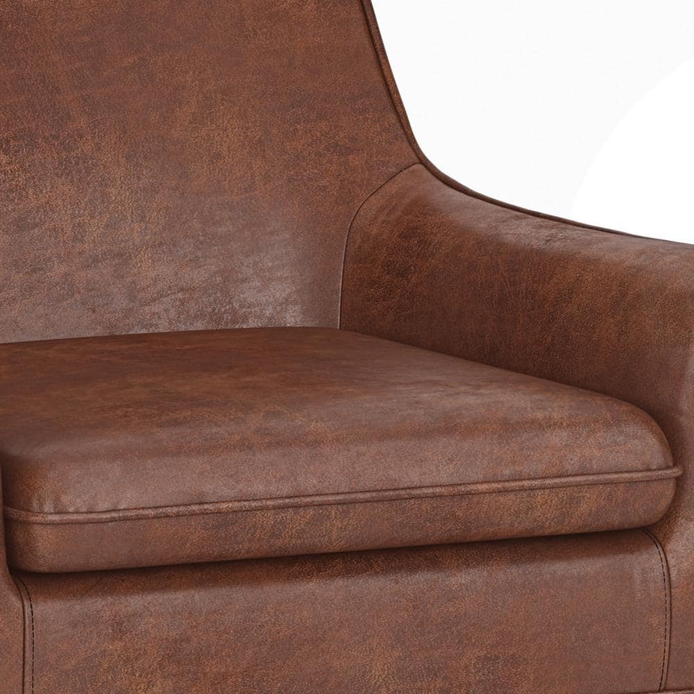 Distressed Saddle Brown Faux Leather Accent Chair with Wood Legs