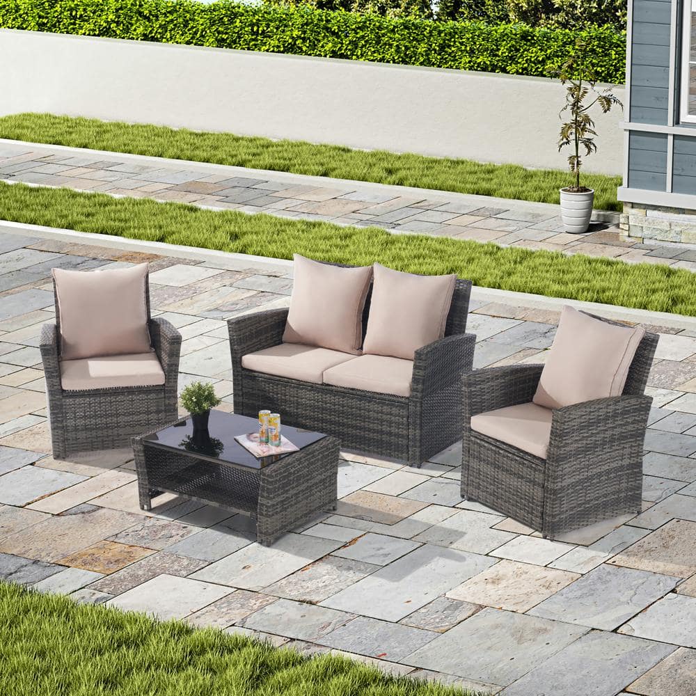4-Piece Outdoor Wicker Patio Conversation Set with Tempered Glass Coffee Ta