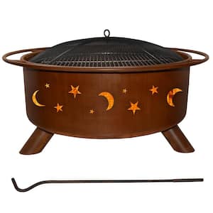 Evening Sky 29 in. x 18 in. Round Steel Wood Burning Fire Pit in Rust with Grill Poker Spark Screen and Cover